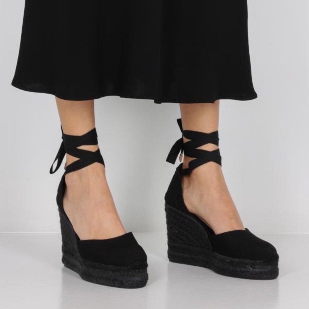 NWT CASTANER CARINA 110 BLACK WEDGE ESPADRILLES SIZE IT 38 .